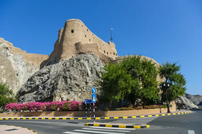 Het Portugese Al Mirani Fort hoog op de rotsen boven de haven van oud Muscat, met bloeiende bougainville langs de weg ervoor