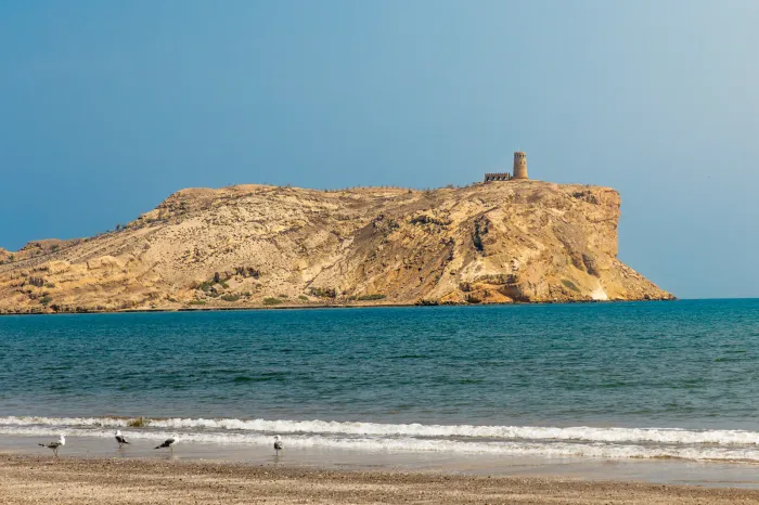Het strand van Al Sawadi met meeuwen op het zand en een rotsachtig eiland met oude wachttoren in de turquoise Zee van Oman