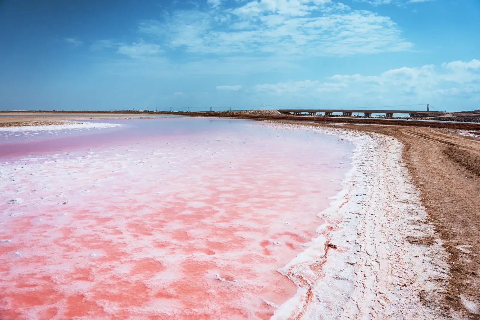 Een ondiep kustmeer met opvallend roze water en een rand van witte zoutkristallen onder een blauwe lucht