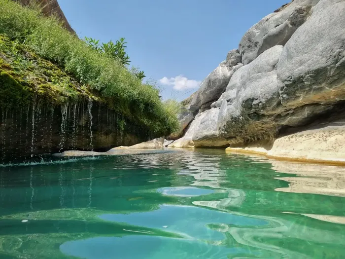 Een turquoise rotspoel in Wadi Damm met helder water, een kleine waterval en mos en varens over de gladde rotswanden