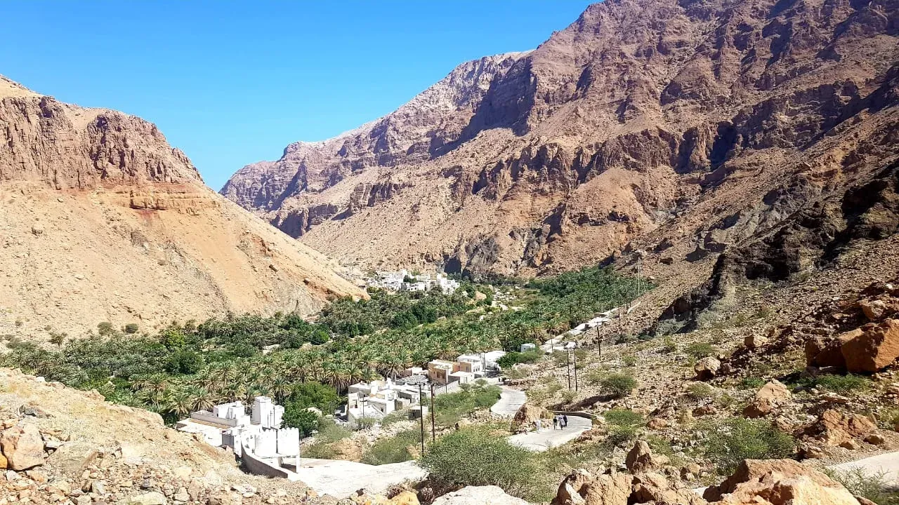 De diepe kloof van Wadi Tiwi met palmplantages en witte dorpshuizen tegen de rotswanden